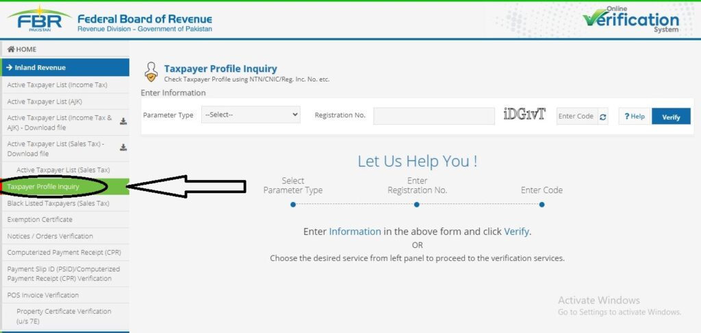 NTN verification by CNIC - Taxpayer Profile Inquiry